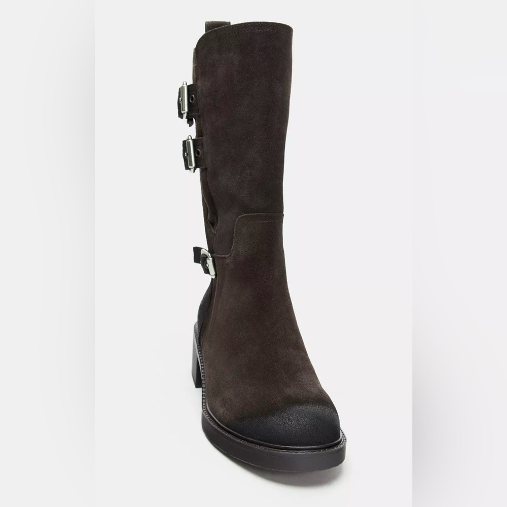 Zara Brown Combat Moto Suede Split Leather Buckled Calf High Ankle Boots - Picture 13 of 17